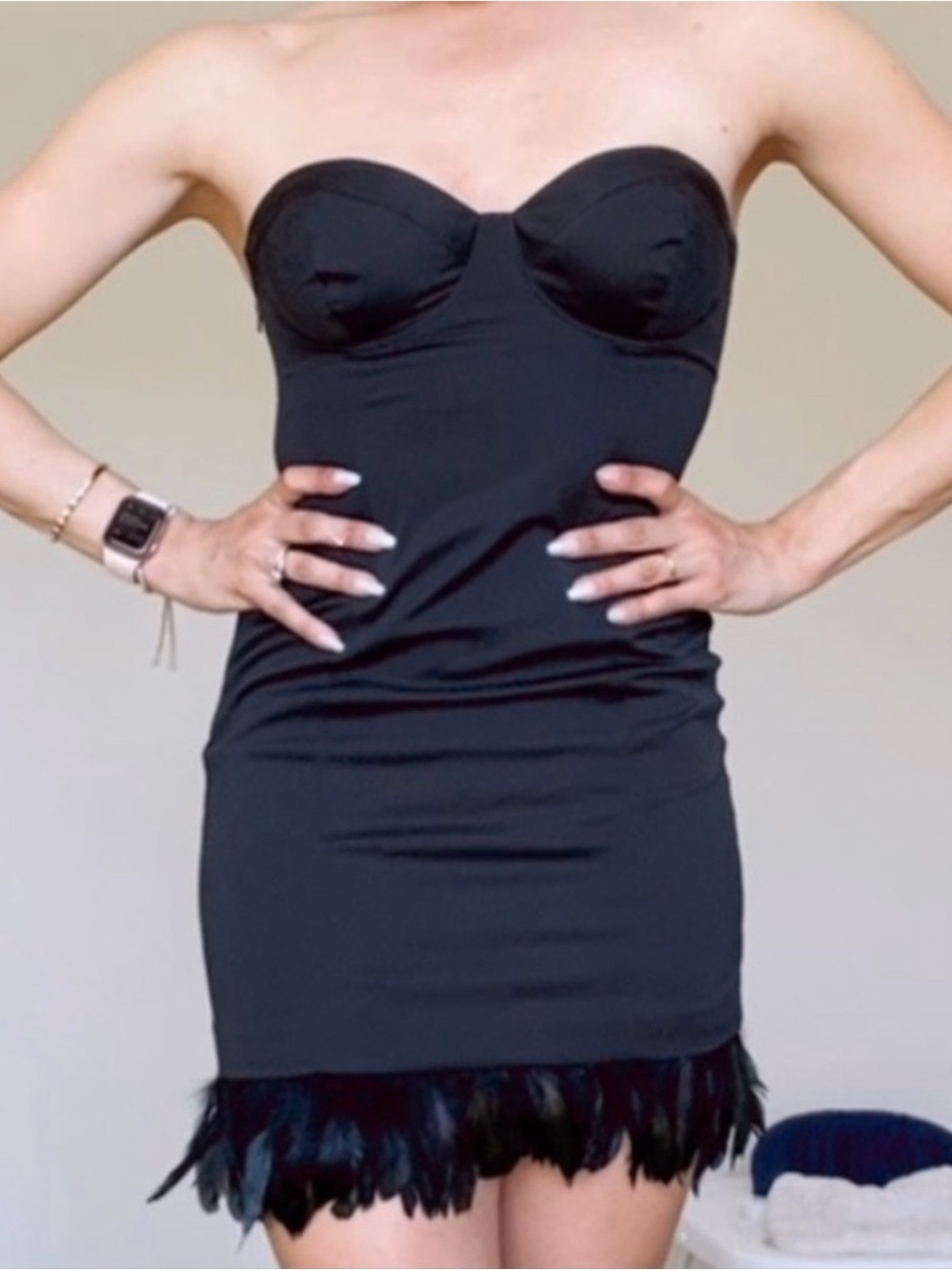 GUESS Strapless Stretch Black Mini Dress with Feather Hem